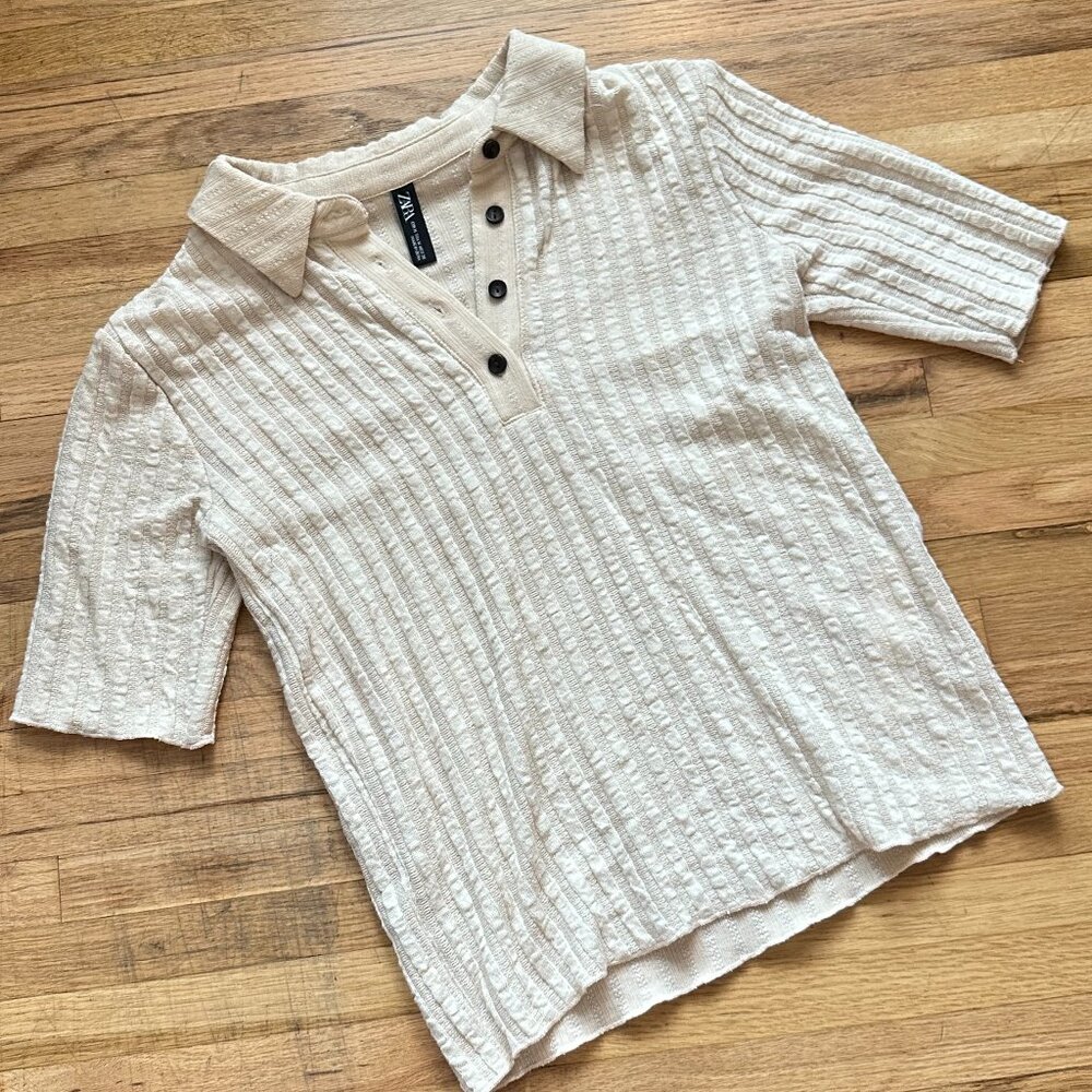 Zara - Knit Ribbed Short Sleeve Polo - Oatmeal Color - Medium